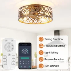 Parrot Uncle 18" Antique Gold Smart Flush Mount Ceiling Fan With Light And Remote