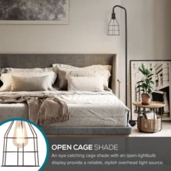 Cresswell Lighting 60" Floor Lamp With Caged Shade Black: Industrial Design, Metal Dome, Rotary Switch -Interior furniture GUEST 05462157 c2ae 4b37 8e21 57baf66a1953