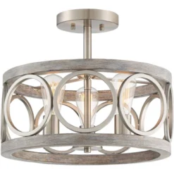Franklin Iron Works Salima Rustic Farmhouse Ceiling Light Semi Flush Mount 16" Wide Brushed Nickel Gray Wood 3-Light LED For Bedroom Living Room House -Interior furniture GUEST 05f708a0 001b 4c6d 9c3d e27df320280c