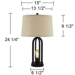 360 Lighting Marcel Industrial Table Lamps 24 1/4" High Set Of 2 Black With LED Nightlight USB Port Natural Shade For Bedroom Living Room House Desk -Interior furniture GUEST 08110b11 1fea 47bb 87df 4ebf60c80329