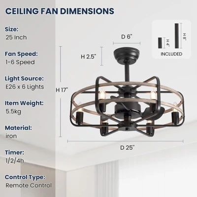 Ludomide Vintage 25" Black Caged Chandelier Ceiling Fan With Lights And Remote For Bedroom 5 Ludomide Vintage 25" Black Caged Chandelier Ceiling Fan With Lights And Remote For Bedroom - Image 3