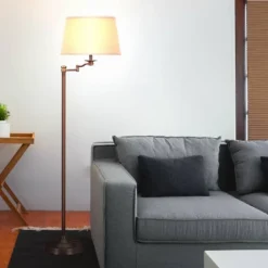 Brightech Caden Mid-Century (Includes LED Light Bulb) Swing Arm Arc Floor Lamp Oil-Brushed Bronze: 62" Height, Adjustable, Linen Shade, UL Listed -Interior furniture GUEST 0e1a5a52 bb00 4710 9a5c 89f3ad4bd6f7