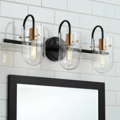 Possini Euro Design Solomon Modern Wall Light Black Hardwire 24" 3-Light Fixture Warm Brass Accents Clear Glass Shade For Bathroom