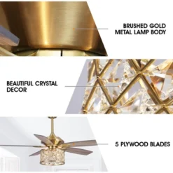 Parrot Uncle 52-inch Modern Antique Brass Crystal Ceiling Fan With Lights And Remote -Interior furniture GUEST 1329f180 1816 4386 b8df d03125b6f098