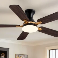 Ludomide 42 Inch Industrial Led Ceiling Fan With Lights And Remote, Modern Black And Gold Flush Mount Ceiling Fan With 5 Blades