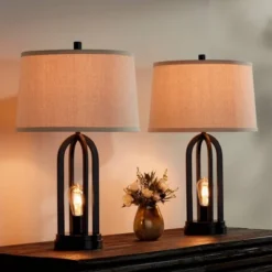 360 Lighting Marcel Industrial Table Lamps 24 1/4" High Set Of 2 Black With LED Nightlight USB Port Natural Shade For Bedroom Living Room House Desk -Interior furniture GUEST 19fbf235 659f 46e3 8dd6 aac101f235be