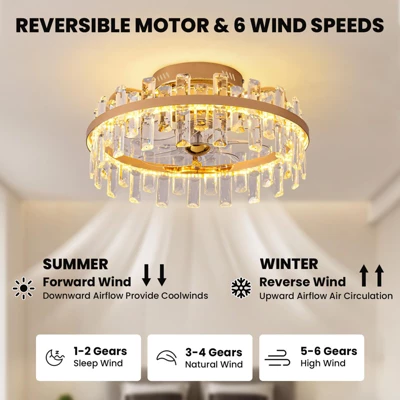 Ludomide 19" Modern Crystal Flush Mount Ceiling Fan With Lights And Remote, Luxury Gold Crystal Cage Low Profile Ceiling Fan For Bedroom 5 Ludomide 19" Modern Crystal Flush Mount Ceiling Fan With Lights And Remote, Luxury Gold Crystal Cage Low Profile Ceiling Fan For Bedroom - Image 3