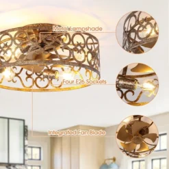 Parrot Uncle 18" Antique Gold Smart Flush Mount Ceiling Fan With Light And Remote -Interior furniture GUEST 1db7336c d8db 44d7 8f99 21db63cda2ec