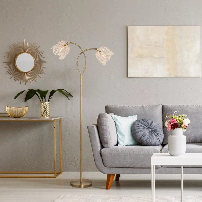 61" Meg Brushed Gold Metal Candlestick Floor Lamp With Rattan Shades - River Of Goods 5 61" Meg Brushed Gold Metal Candlestick Floor Lamp With Rattan Shades - River Of Goods - Image 3