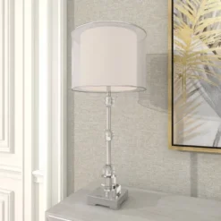 Glass Table Lamp With Drum Shade Silver - Olivia & May -Interior furniture GUEST 2470de94 d315 4f56 8629 165bbbc95695