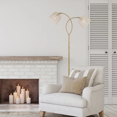 61" Meg Brushed Gold Metal Candlestick Floor Lamp With Rattan Shades - River Of Goods 4 61" Meg Brushed Gold Metal Candlestick Floor Lamp With Rattan Shades - River Of Goods - Image 2