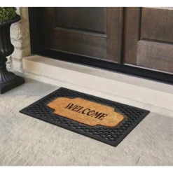 A1HC Natural Coir And Rubber Welcome Floral Design Door Mat, 23" X 38", Heavy Duty Doormats, Black