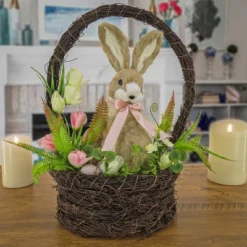 National Tree Company Woven Basket With Bunny Table Decoration, Woven Branch Base, Decorated With Fern Fronds, Tulips, Easter Collection, 17 Inches