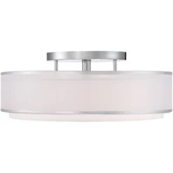 Possini Euro Design Modern Ceiling Lighting Semi Flush Mount Fixture 20" Wide Chrome 3-Light Sheer Outer Off White Inner Drum Shade For Bedroom House -Interior furniture GUEST 371bb737 03fa 4285 b6a2 498ffb003828