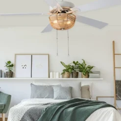 52" 5-Blade LED Rattan Lighted Ceiling Fan Tan: Reversible Motor, Pull Chain - River Of Goods -Interior furniture GUEST 3df4d1ce 6767 45b6 9ae2 a2885a9c76b1