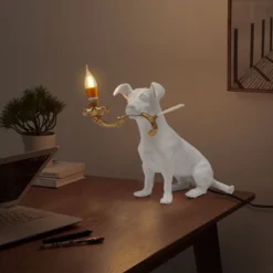 YIYIBYUS Modern Resin Engraved Puppy Dog Table Lamp, Animal Desk Lamp