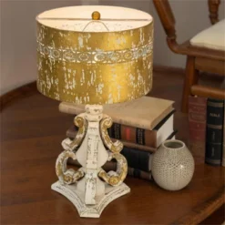 Rustic Vintage Table Lamp With Distressed Finish, 24.80" Tall, Gold And White Home Decor Light, 1pc