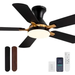 Ludomide 42 Inch Industrial Led Ceiling Fan With Lights And Remote, Modern Black And Gold Flush Mount Ceiling Fan With 5 Blades -Interior furniture GUEST 468cdd13 80e1 4a38 8105 96f394bb520a
