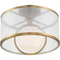 Possini Euro Design Carlyn Modern Art Deco Ceiling Light Semi Flush Mount Fixture 14" Wide Warm Brass Black Orb Organza Drum Shade For Bedroom Kitchen -Interior furniture GUEST 4acc925a 9848 4adf a072 26596db1590c