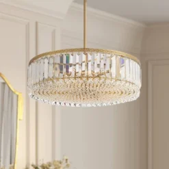 Stiffel Soft Gold Drum Pendant Chandelier 20 1/4" Wide Modern Clear Crystal 5-Light Fixture For Dining Room House Foyer Entryway
