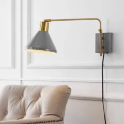 20.5" LED 1-Light Max Swing Arm Mid-Century Iron USB Charging Port Wall Sconce Gray/Brass - JONATHAN Y: Adjustable, Plug-In Fixture