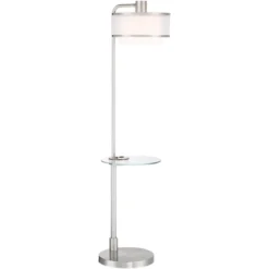 Possini Euro Design Vogue Modern Floor Lamp With Tray Table 60" Tall Brushed Nickel USB Charging Port Organza Outer White Inner Shade For Living Room -Interior furniture GUEST 5dba8631 0421 4456 8c0d 2f442809b837