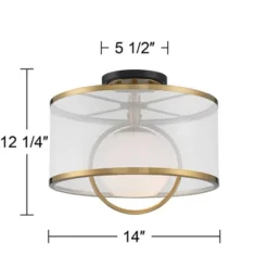 Possini Euro Design Carlyn Modern Art Deco Ceiling Light Semi Flush Mount Fixture 14" Wide Warm Brass Black Orb Organza Drum Shade For Bedroom Kitchen -Interior furniture GUEST 5decfb75 b11c 4993 9a85 d425d975a6c7
