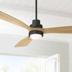 Casa Vieja 52" Delta Modern Indoor Outdoor Ceiling Fan 3 Blade CCT LED Light Remote Control Matte Black Finish Wood Blades Bedroom Patio DC Motor