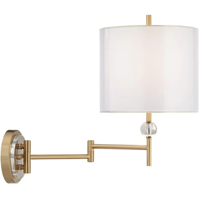 Possini Euro Design Kohle Modern Swing Arm Wall Lamp Polished Brass Plug-in Light Fixture White Inner Sheer Outer Drum Shade For Bedroom Bedside House 8 Possini Euro Design Kohle Modern Swing Arm Wall Lamp Polished Brass Plug-in Light Fixture White Inner Sheer Outer Drum Shade For Bedroom Bedside House - Image 6