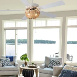 52" 5-Blade LED Rattan Lighted Ceiling Fan Tan: Reversible Motor, Pull Chain - River Of Goods -Interior furniture GUEST 68452d9a 6815 4978 babc a5e6ac777be3