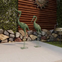 Set Of 2 Iron 47" Coastal Crane Garden Sculpture Green - Olivia & May: Heron Figure, Metal Wire Outdoor Decor -Interior furniture GUEST 69ed2412 a0f6 4897 b8f4 298bcb8c0896