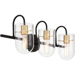 Possini Euro Design Solomon Modern Wall Light Black Hardwire 24" 3-Light Fixture Warm Brass Accents Clear Glass Shade For Bathroom -Interior furniture GUEST 6b1b1395 6fac 4dba b57a 045823ee14de