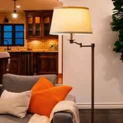 Brightech Caden Mid-Century (Includes LED Light Bulb) Swing Arm Arc Floor Lamp Oil-Brushed Bronze: 62" Height, Adjustable, Linen Shade, UL Listed -Interior furniture GUEST 70786912 b8af 456e 9f8f aa285ae6faf0