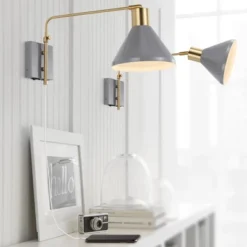 20.5" LED 1-Light Max Swing Arm Mid-Century Iron USB Charging Port Wall Sconce Gray/Brass - JONATHAN Y: Adjustable, Plug-In Fixture -Interior furniture GUEST 7467da5b 8376 4782 b4a8 626a750d072b