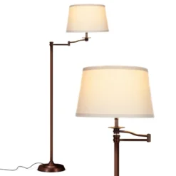 Brightech Caden Mid-Century (Includes LED Light Bulb) Swing Arm Arc Floor Lamp Oil-Brushed Bronze: 62" Height, Adjustable, Linen Shade, UL Listed