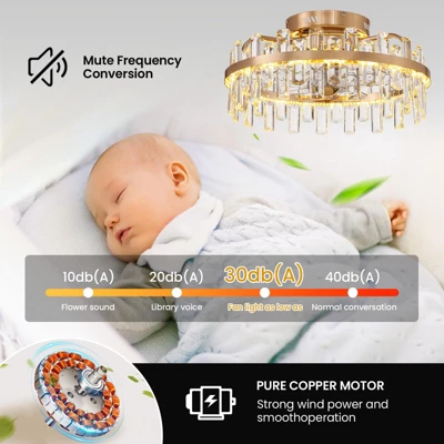 Ludomide 19" Modern Crystal Flush Mount Ceiling Fan With Lights And Remote, Luxury Gold Crystal Cage Low Profile Ceiling Fan For Bedroom 6 Ludomide 19" Modern Crystal Flush Mount Ceiling Fan With Lights And Remote, Luxury Gold Crystal Cage Low Profile Ceiling Fan For Bedroom - Image 4