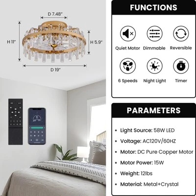 Ludomide 19" Modern Crystal Flush Mount Ceiling Fan With Lights And Remote, Luxury Gold Crystal Cage Low Profile Ceiling Fan For Bedroom 4 Ludomide 19" Modern Crystal Flush Mount Ceiling Fan With Lights And Remote, Luxury Gold Crystal Cage Low Profile Ceiling Fan For Bedroom - Image 2