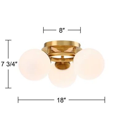 Possini Euro Design Modern Ceiling Light Flush Mount Fixture Brass 18" Wide 3-Light Frosted White Glass Globes Bedroom Living Room 8 Possini Euro Design Modern Ceiling Light Flush Mount Fixture Brass 18" Wide 3-Light Frosted White Glass Globes Bedroom Living Room - Image 6