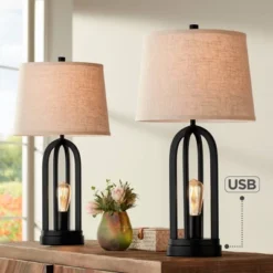 360 Lighting Marcel Industrial Table Lamps 24 1/4" High Set Of 2 Black With USB Port LED Nightlight Burlap Drum Shade For Bedroom Living Room Desk