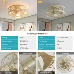 POWLIG 19.7" Round Industrial Ceiling Fan With Light Kit & Remote - White Gold Finish, Dual Season Mode, 6 Speeds, Timer -Interior furniture GUEST 877e34fc f8b2 45ca 9077 6b13c9dcca33