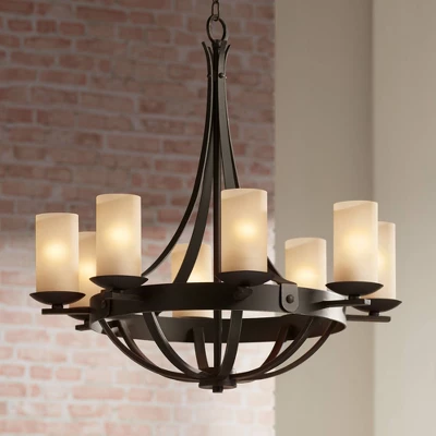 Franklin Iron Works Sperry Bronze Chandelier 28" Wide Rustic Farmhouse Cylinder Scavo Glass Shade 8-Light Fixture For Dining Room House Kitchen Island 3 Franklin Iron Works Sperry Bronze Chandelier 28" Wide Rustic Farmhouse Cylinder Scavo Glass Shade 8-Light Fixture For Dining Room House Kitchen Island