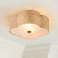 C Cattleya 2-Light Farmhouse Rattan Ceiling Flush Mount With Glass Bottom(E26)