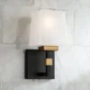 Possini Euro Design Beauregard Modern Wall Light Sconce Black Gold Hardwire 4 1/2" Fixture Square Linen Glass For Bedroom Reading Hallway House Home