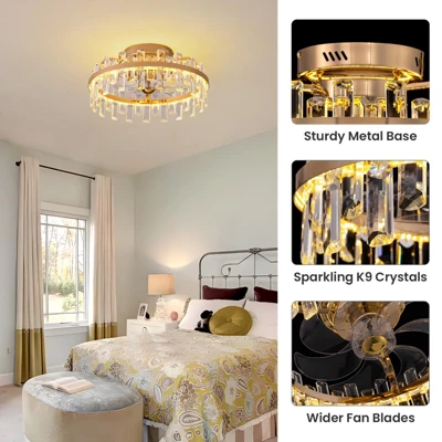 Ludomide 19" Modern Crystal Flush Mount Ceiling Fan With Lights And Remote, Luxury Gold Crystal Cage Low Profile Ceiling Fan For Bedroom 3 Ludomide 19" Modern Crystal Flush Mount Ceiling Fan With Lights And Remote, Luxury Gold Crystal Cage Low Profile Ceiling Fan For Bedroom