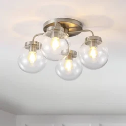 18" 4-Light Piper Farmhouse Rustic Iron/Glass LED Semi Flush Mount Nickel/Clear - JONATHAN Y