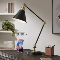 360 Lighting Wray 26 3/4" Tall Industrial Modern Desk Lamps Set Of 2 USB Port Adjustable Black Brass Finish Metal Home Office Living Room Charging -Interior furniture GUEST 9fd9c67d fea6 463f 8886 1326d129d126
