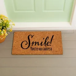Evergreen Flag Funny Welcome Mat Coir Doormat | 28" X 16" Front Door Mat Outdoor Entrance | No Slip Door Rugs Entryway Indoor | Smile!