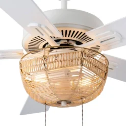 52" 5-Blade LED Rattan Lighted Ceiling Fan Tan: Reversible Motor, Pull Chain - River Of Goods -Interior furniture GUEST aafd4911 19db 4c7c 90cc 889fb8e388e7