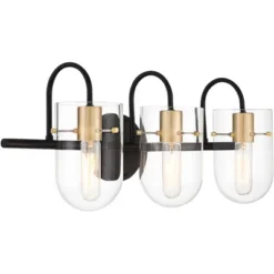 Possini Euro Design Solomon Modern Wall Light Black Hardwire 24" 3-Light Fixture Warm Brass Accents Clear Glass Shade For Bathroom -Interior furniture GUEST b020f3cf 01b5 4080 8986 b4918976b53f