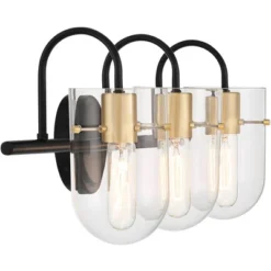 Possini Euro Design Solomon Modern Wall Light Black Hardwire 24" 3-Light Fixture Warm Brass Accents Clear Glass Shade For Bathroom -Interior furniture GUEST b24e7c56 e943 4652 9dcc 96c541997324